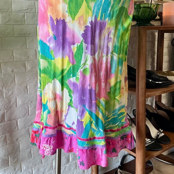 Vintage Jams World Tropical Orchid Floral Midi Sun Dress + Ribbon Hem Detail - Picture 10 of 12